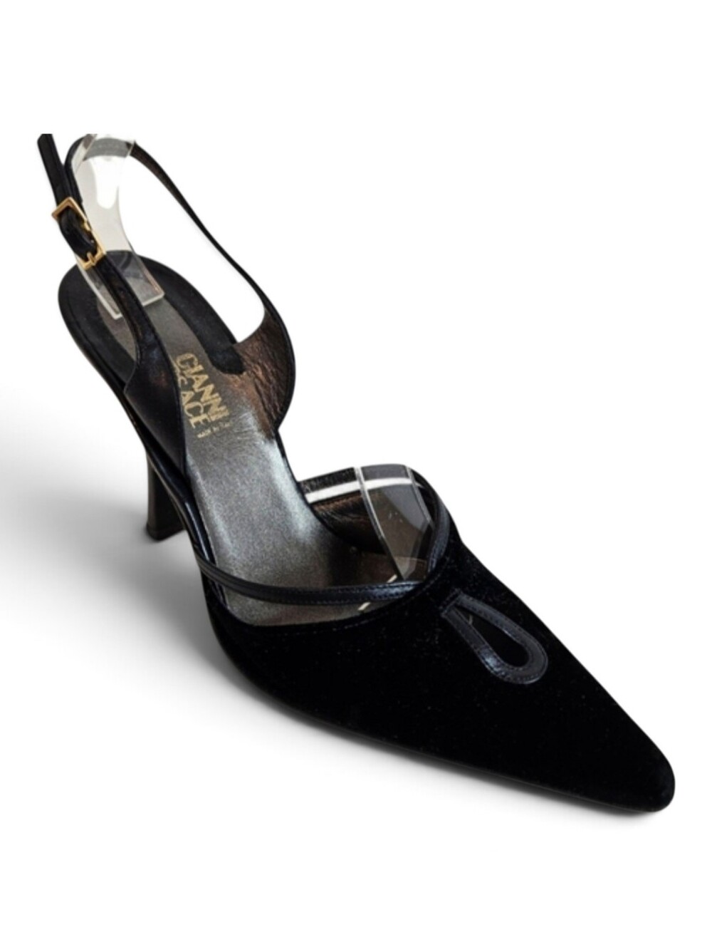 Gianni Versace Pumps 37 Vintage Velvet Pointed Toe Slingback Stiletto Heel Black